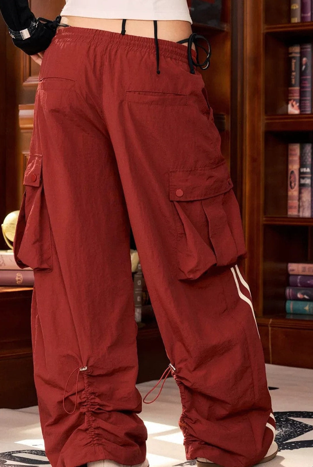 BeerBro Contrast Stripe Cargo Pants in Red - On Female Model