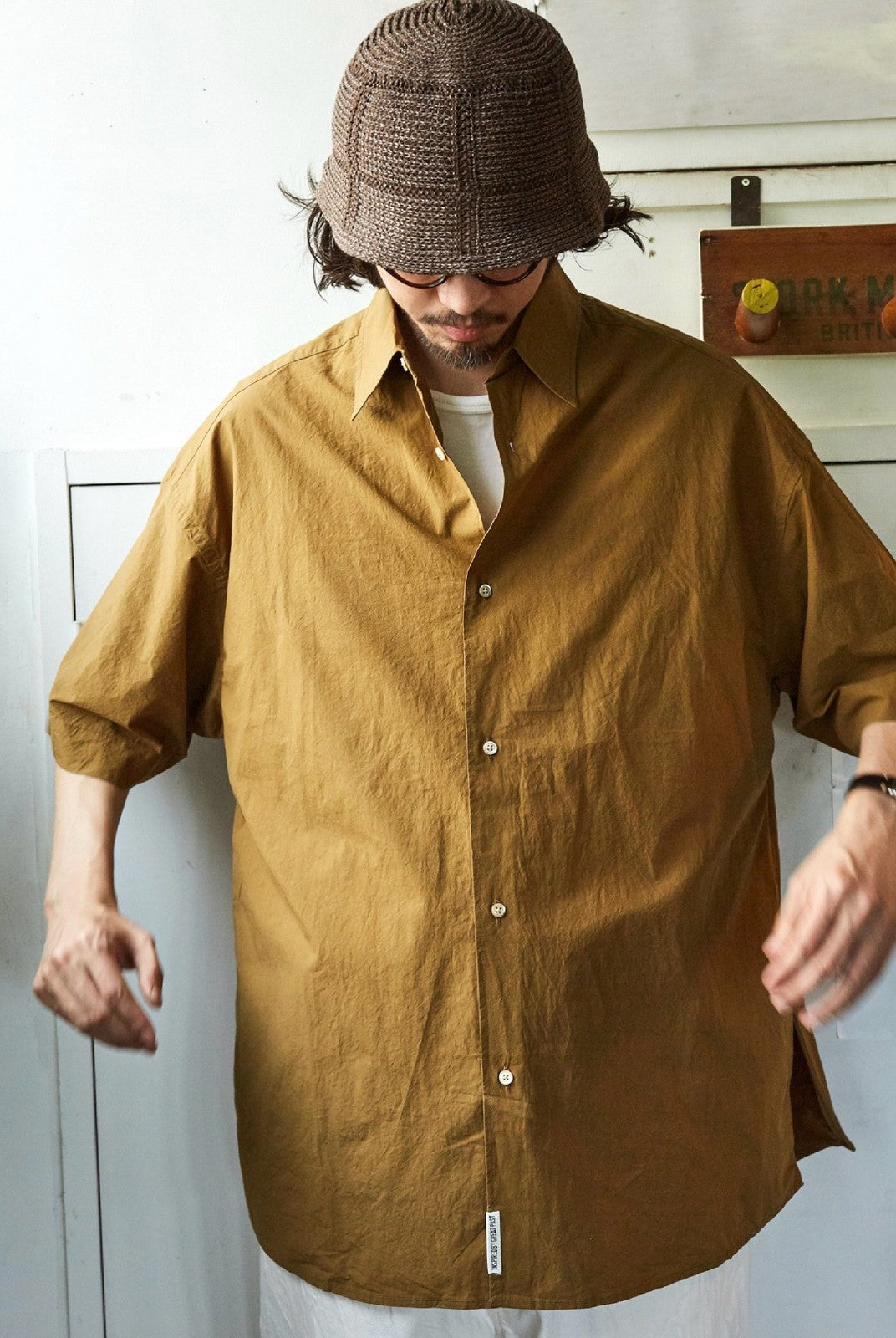 USAGE Cotton Crinkle Short Sleeve Shirt in Beige - On Male Model
