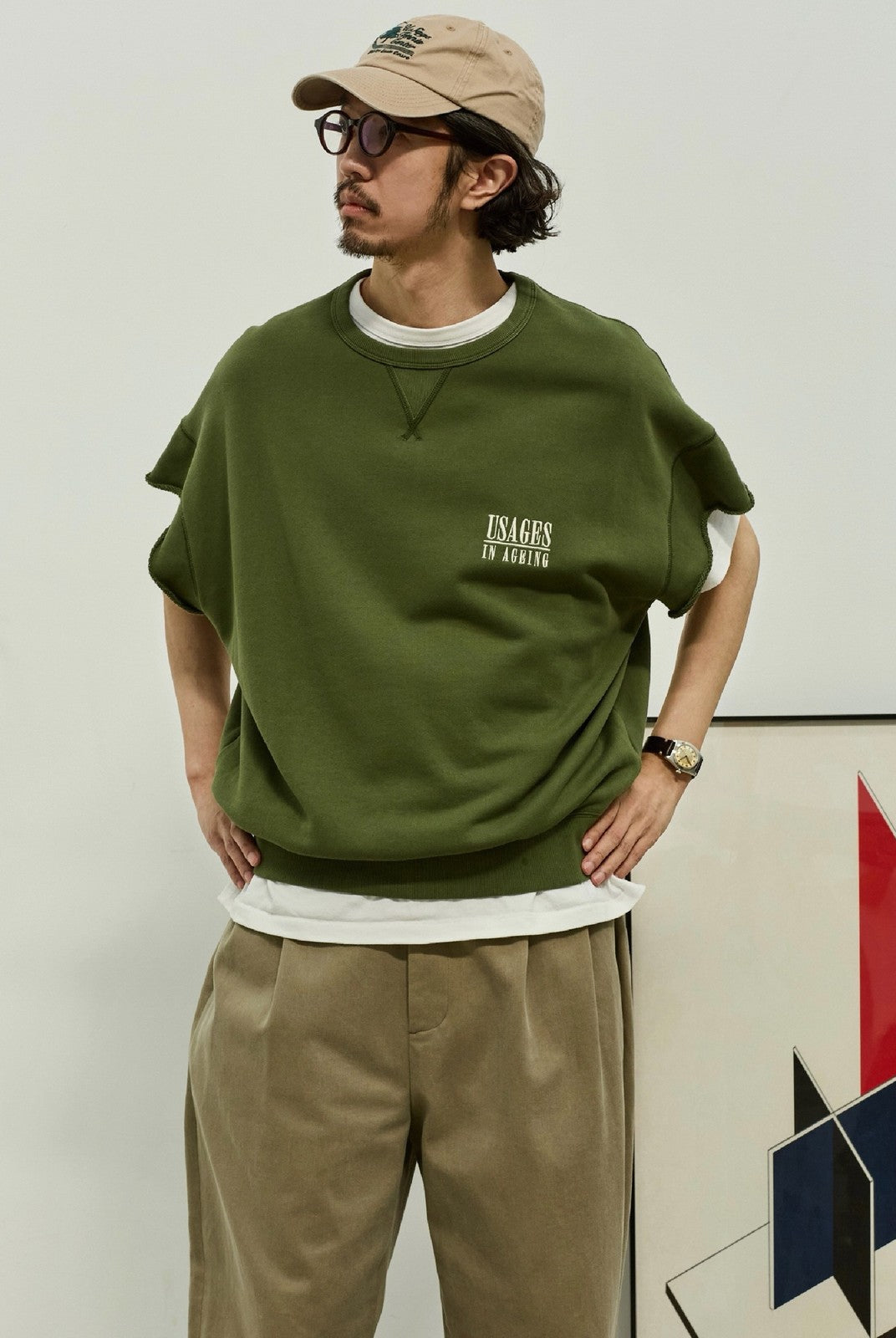 USAGE Raw Edge Cotton Short Sleeve Sweatshirt in Olive - On Male Model