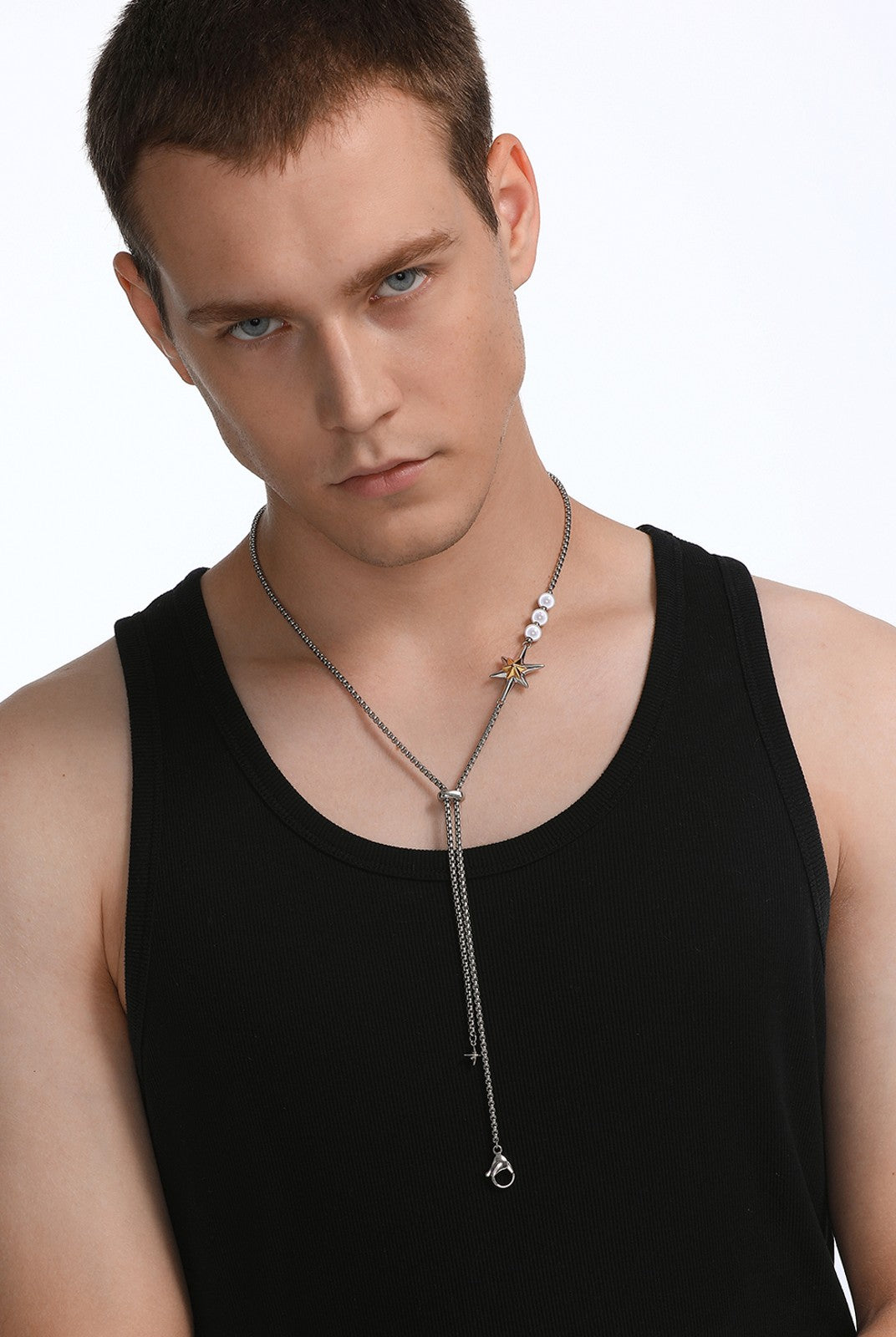 BLACKHEAD Star Pendant Pearl Layered Necklace in Gray - On Male Model