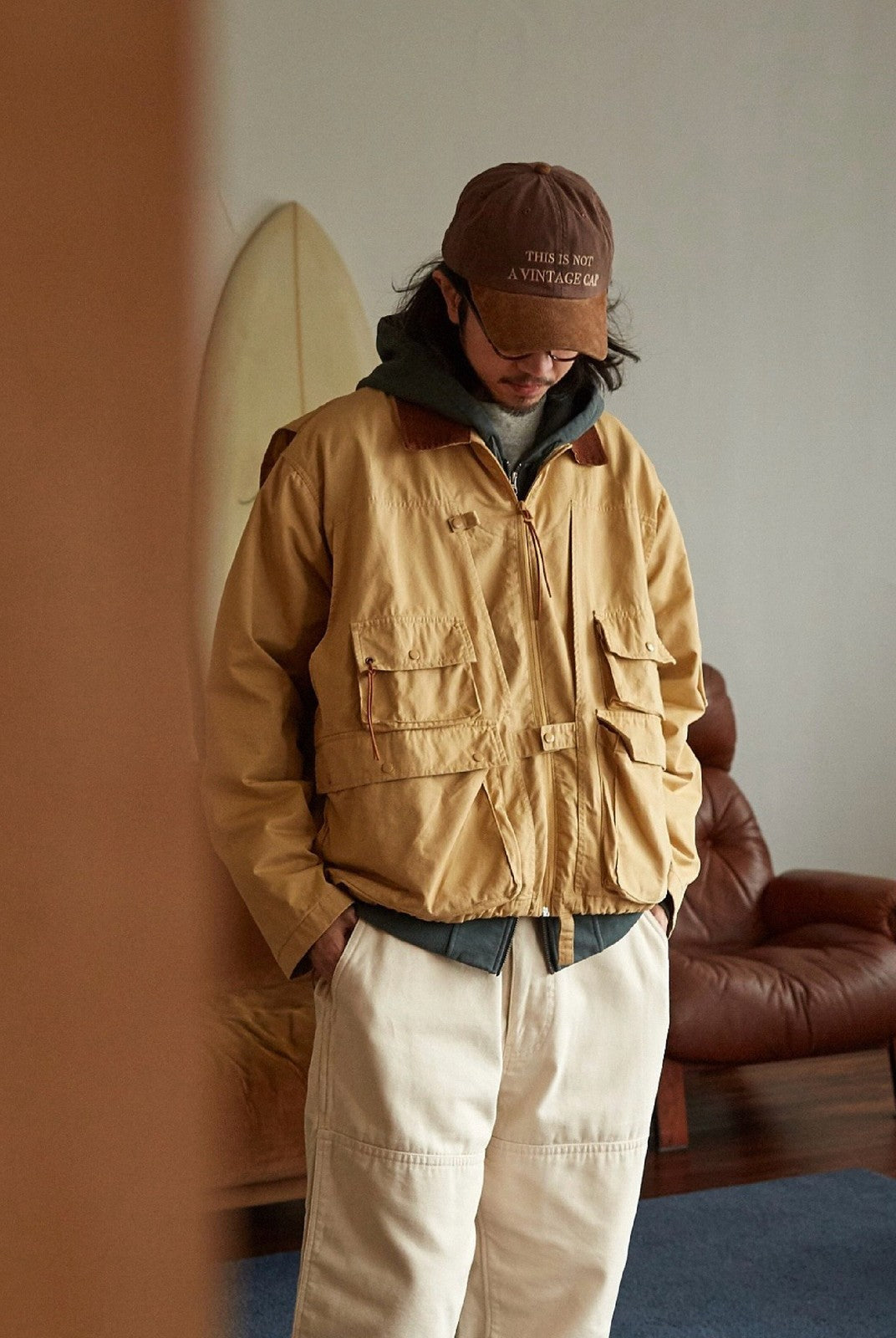 USAGE Corduroy Collar Cotton Fishing Jacket in Beige - On Male Model