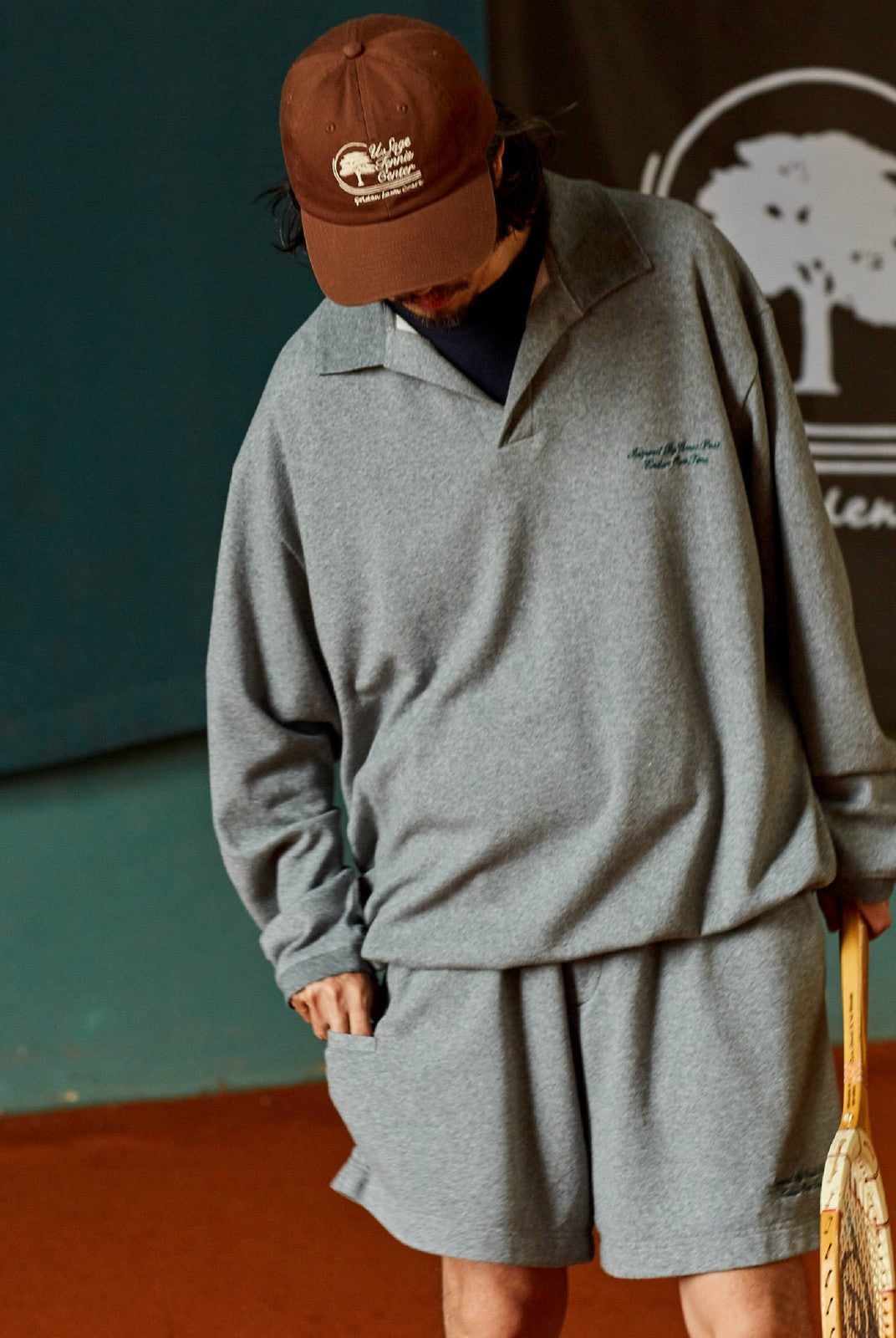 USAGE Oversized Textured Long Sleeve Polo in Gray - On Male Model