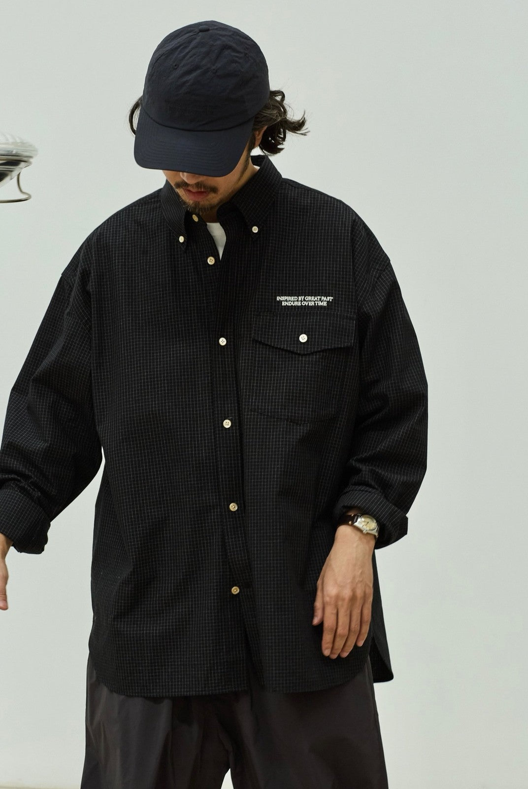 USAGE Oversized Micro Check Button Down Shirt in Black - On Male Model