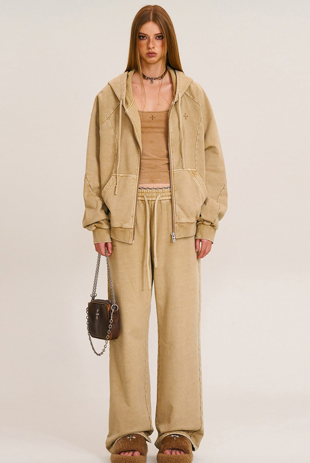 SMFK Distressed Washed Cotton Zip Up Hoodie in Beige - On Female Model