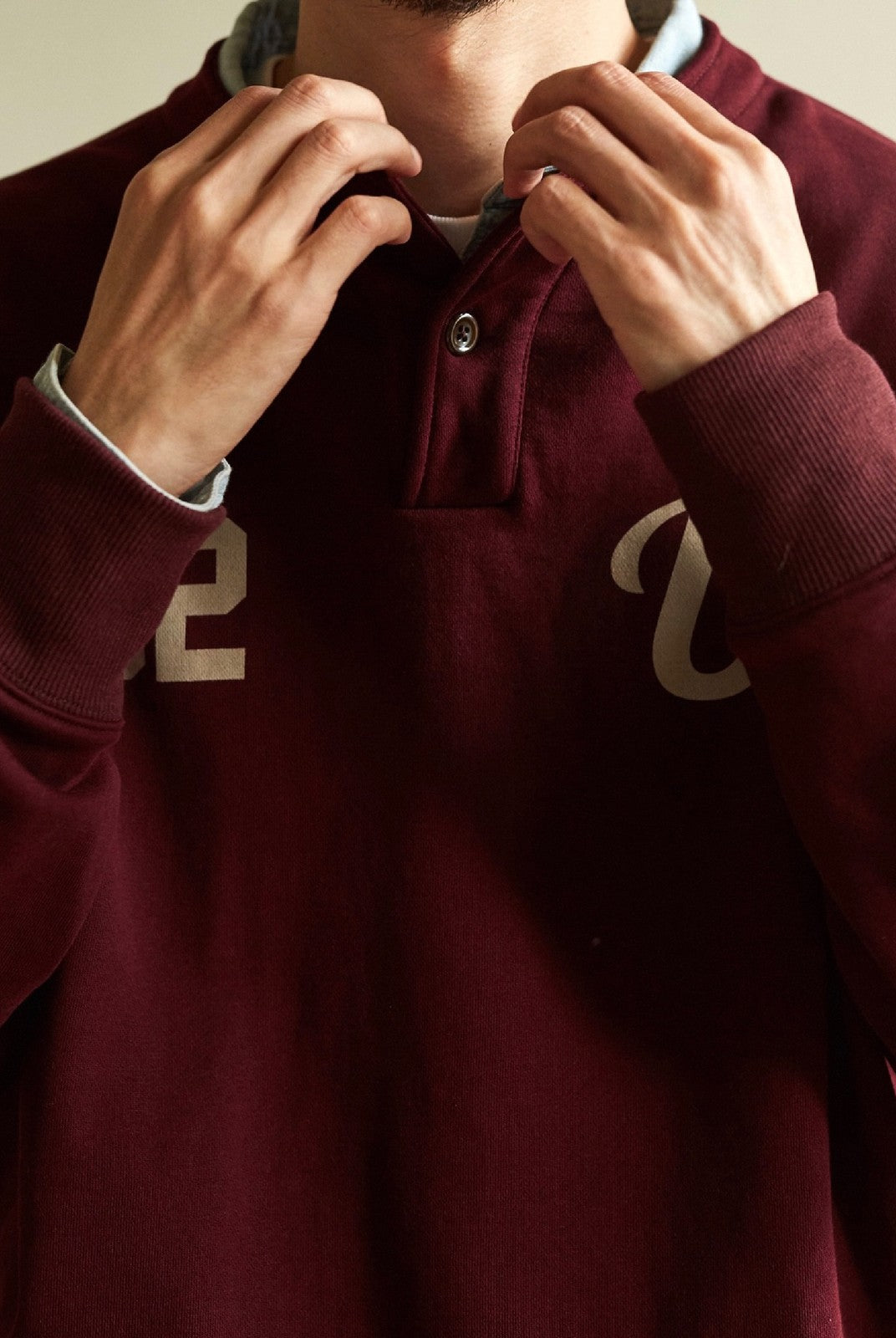 USAGE Terry Cotton Henley Sweatshirt in Burgundy - On Male Model