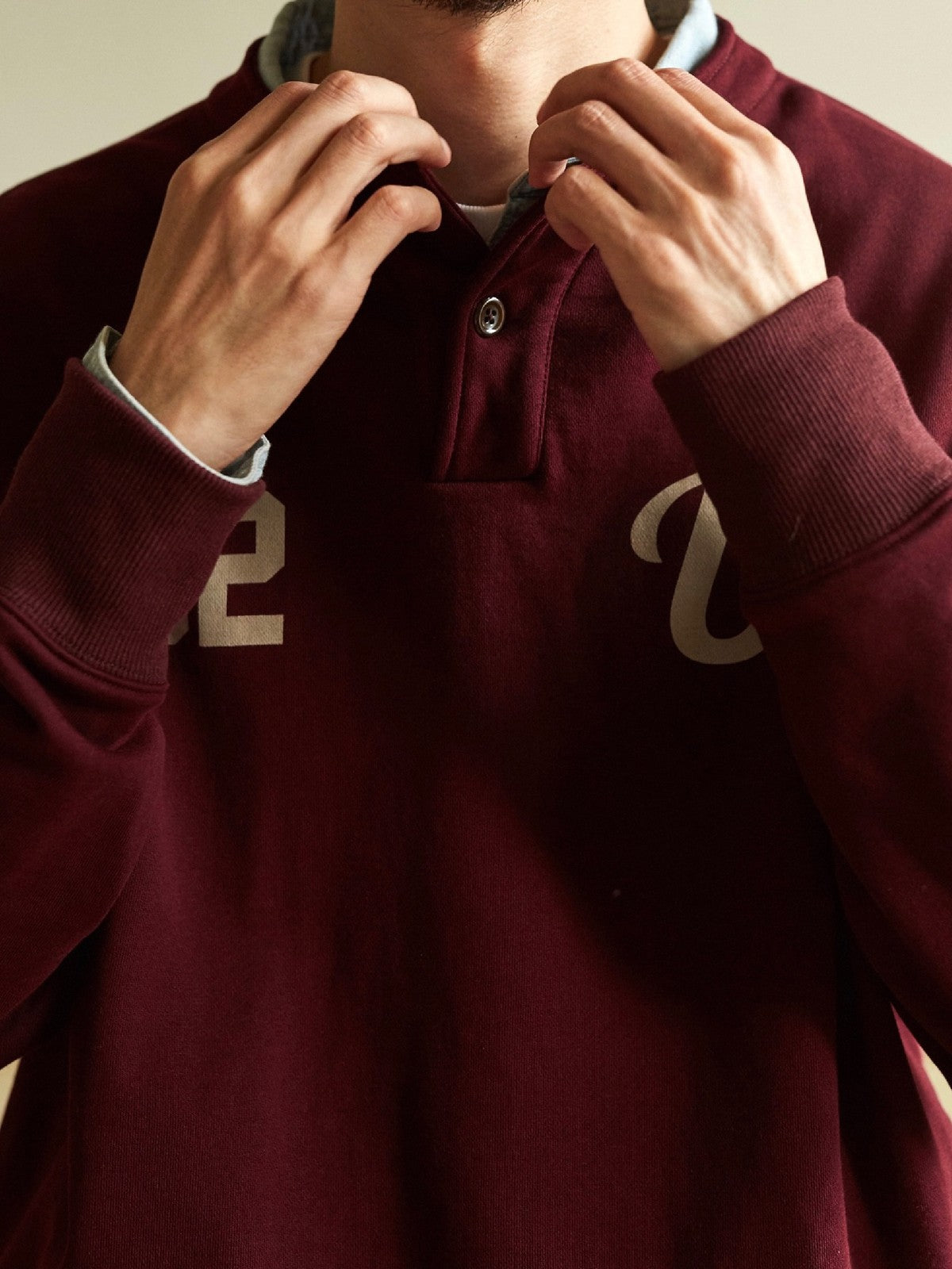 USAGE Terry Cotton Henley Sweatshirt in Burgundy - On Male Model