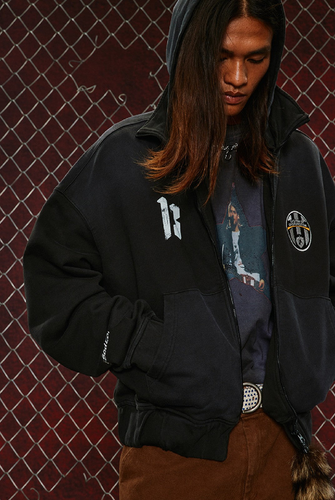 SOD Washed Layered Zip Up Hoodie in Black - On Male Model