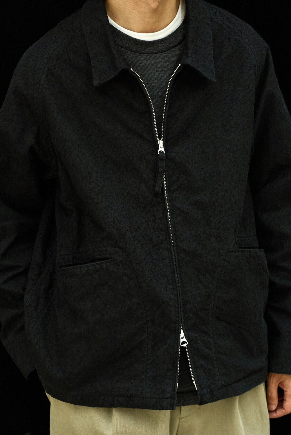 USAGE Textured Nep Blouson Jacket in Black - On Male Model