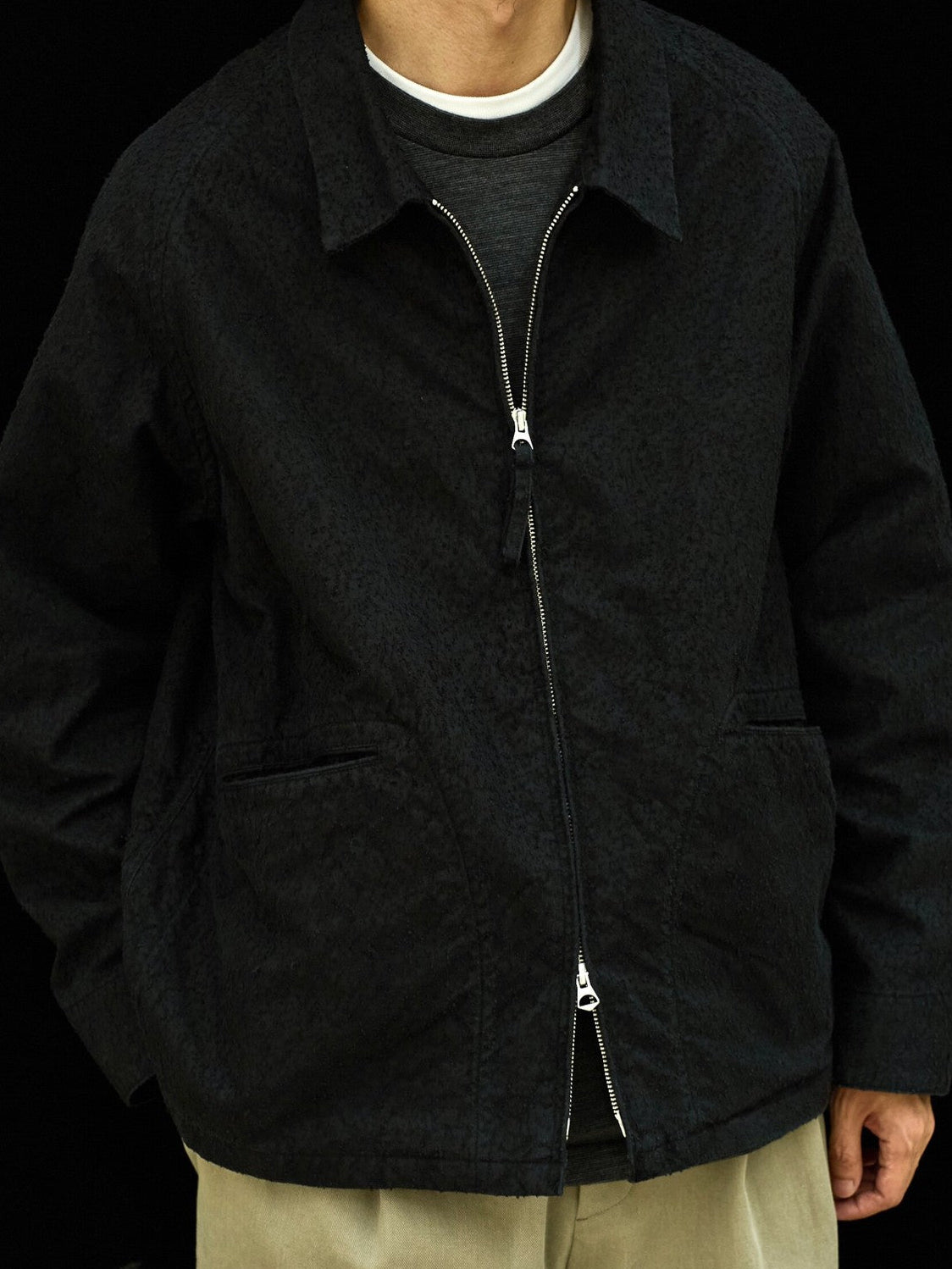 USAGE Textured Nep Blouson Jacket in Black - On Male Model
