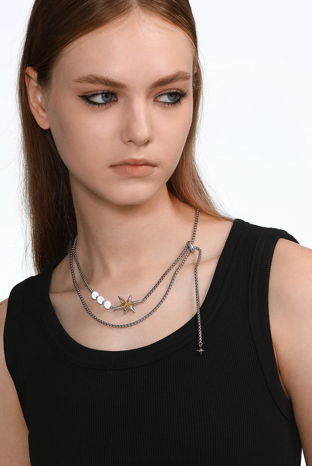 BLACKHEAD Star Pendant Pearl Layered Necklace in Gray - On Female Model