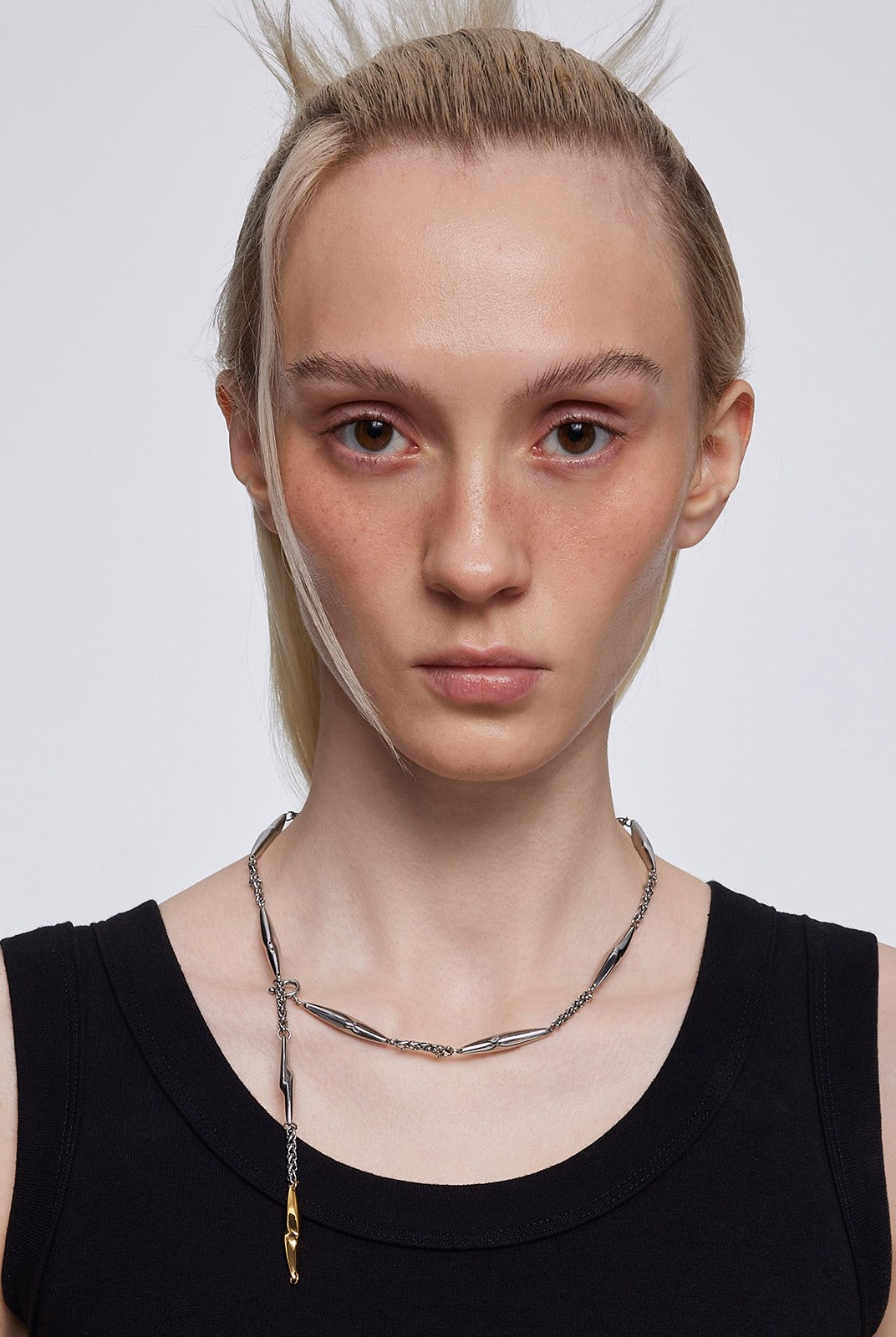 BLACKHEAD Two Tone Lightning Bolt Necklace in Gray - On Female Model