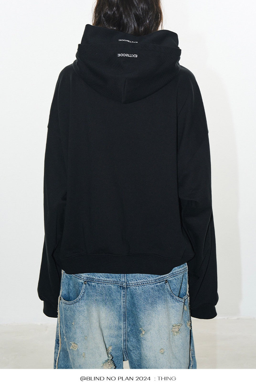 BLINDNOPLAN Faux Double Layer Paneled Hoodie in Black - On Model