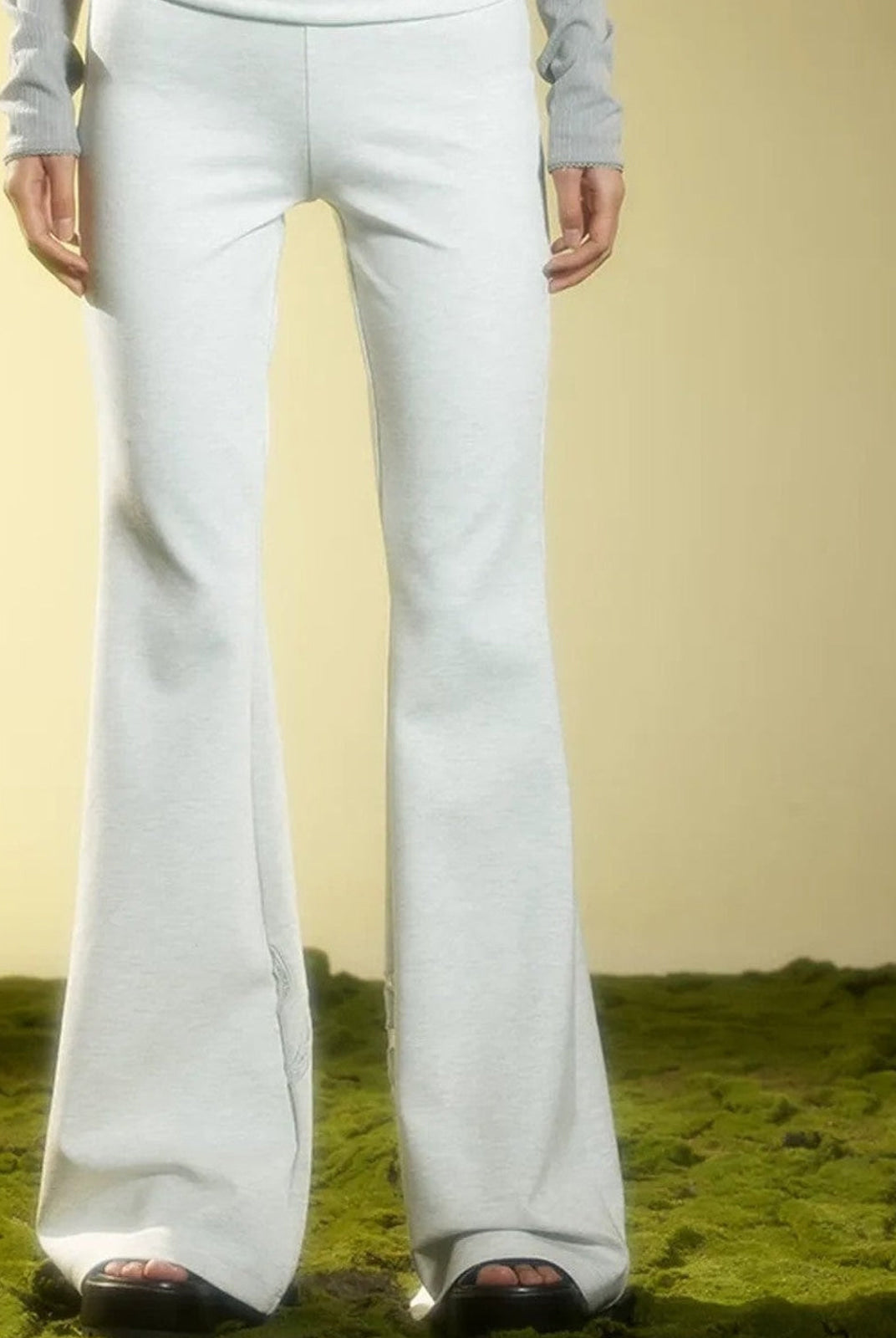 BeerBro Ruched Waist Stretch Flared Pants in Gray - On Female Model