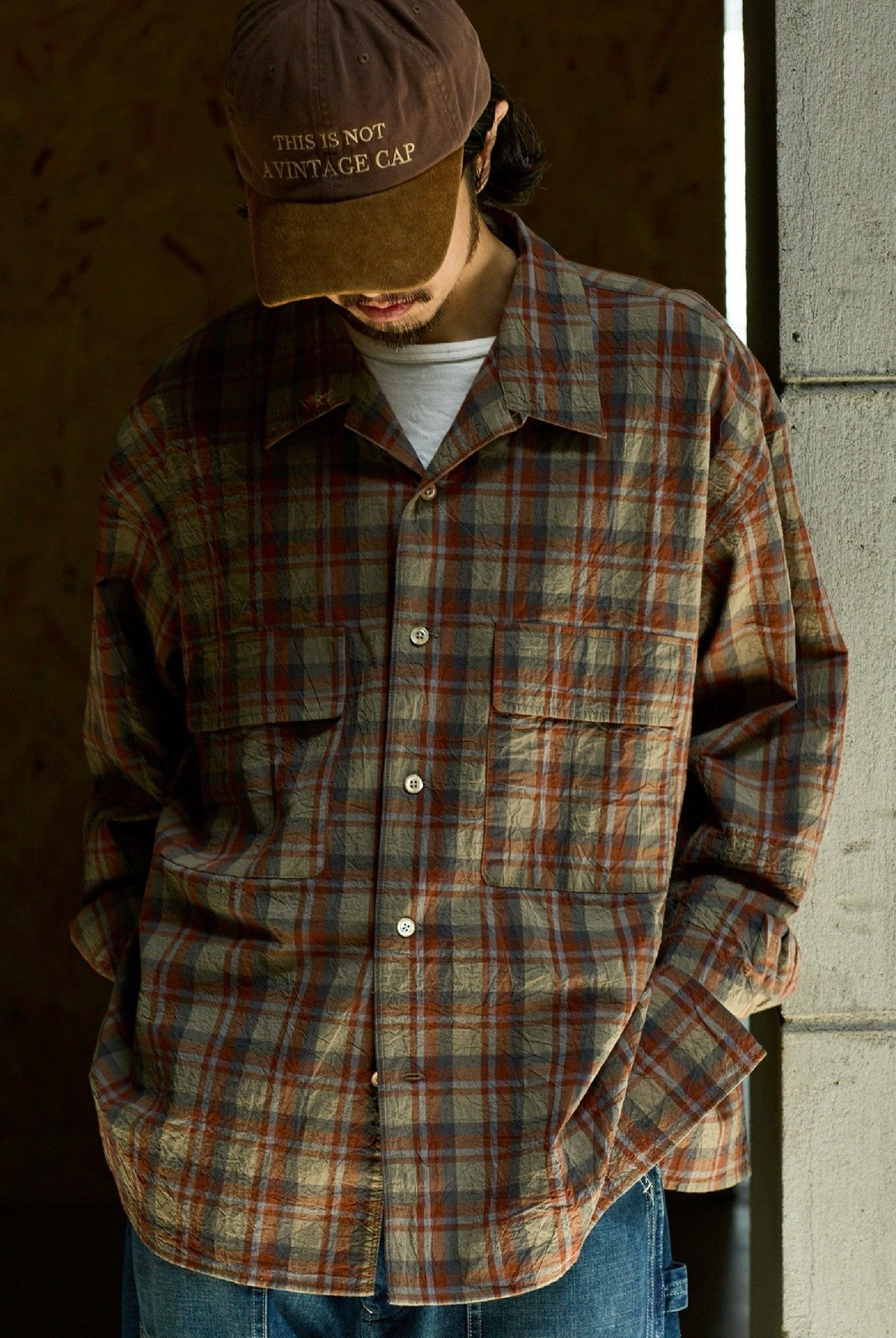 USAGE Washed Crinkle Plaid Open Collar Shirt in Orange - On Male Model