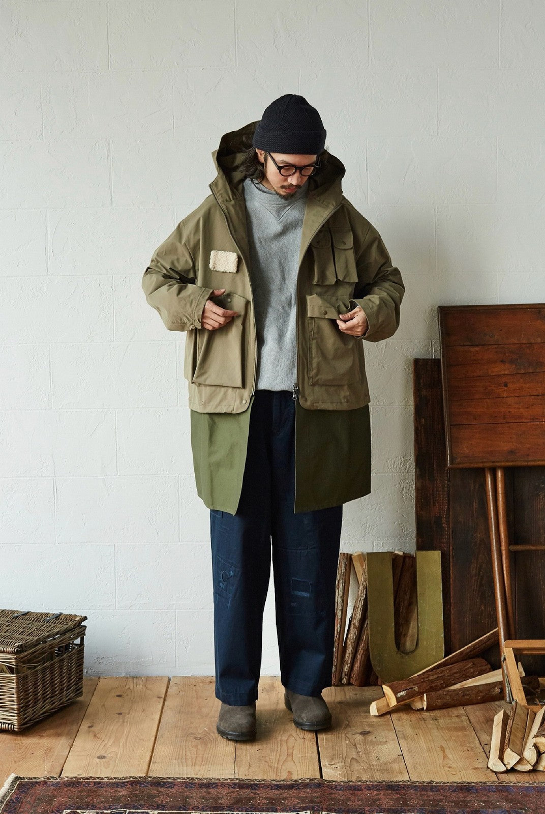 USAGE Hand Distressed Patched Chinos in Navy Blue - On Male Model