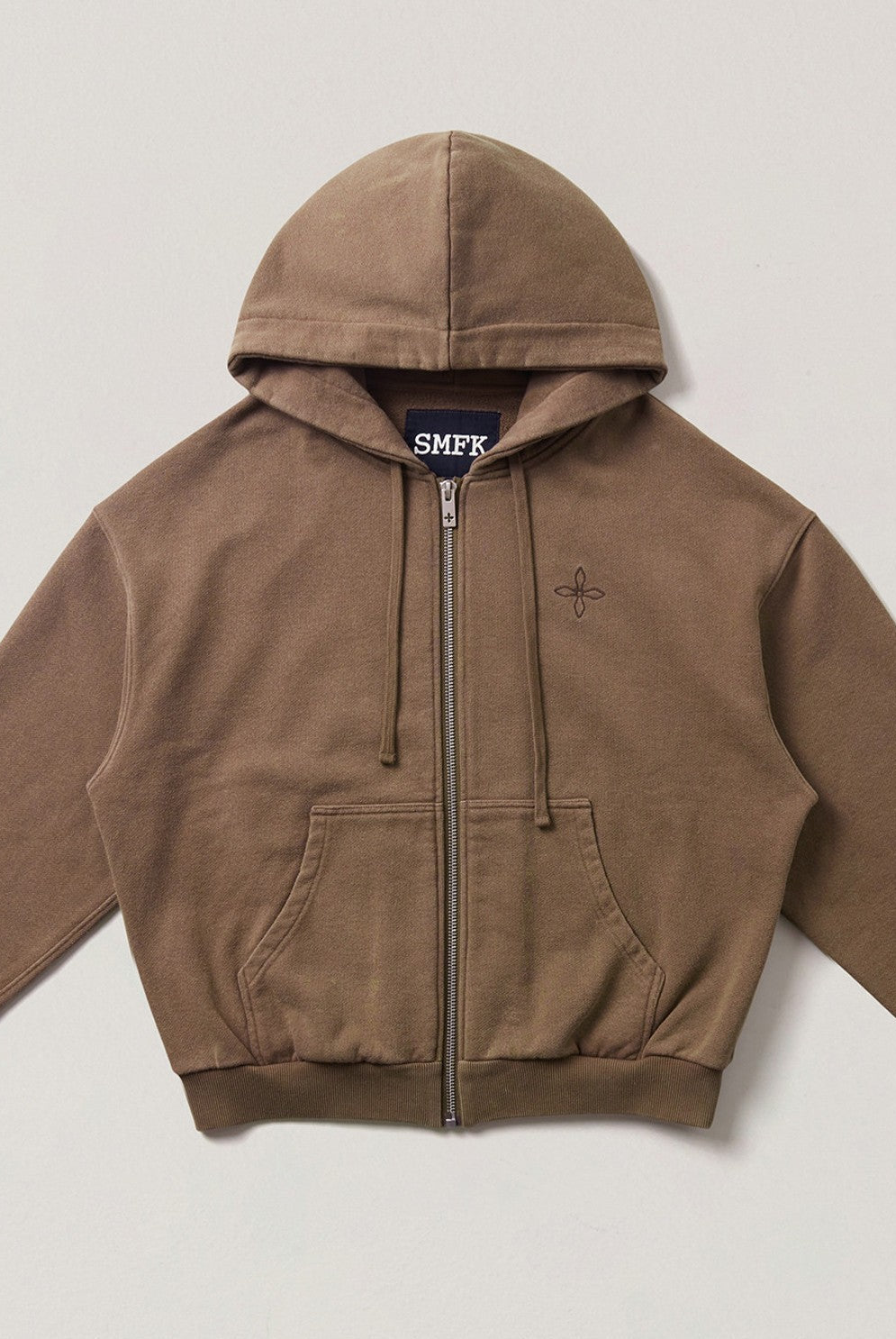 SMFK Cross Embroidered Cotton Zip Up Hoodie in Brown