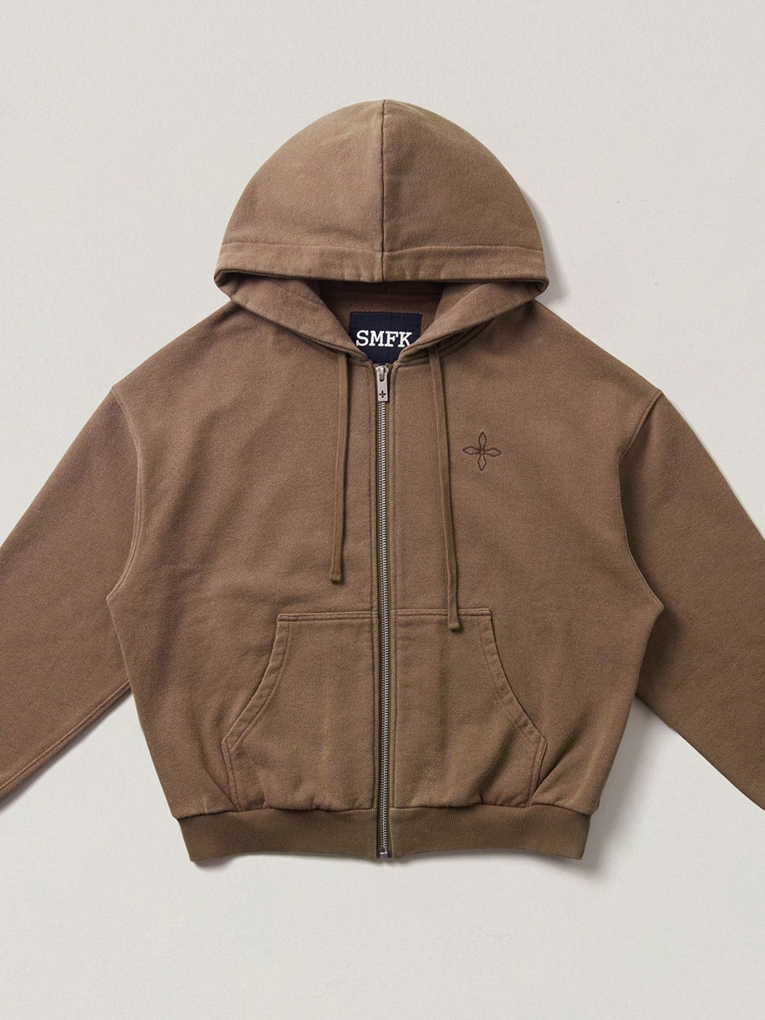 SMFK Cross Embroidered Cotton Zip Up Hoodie in Brown