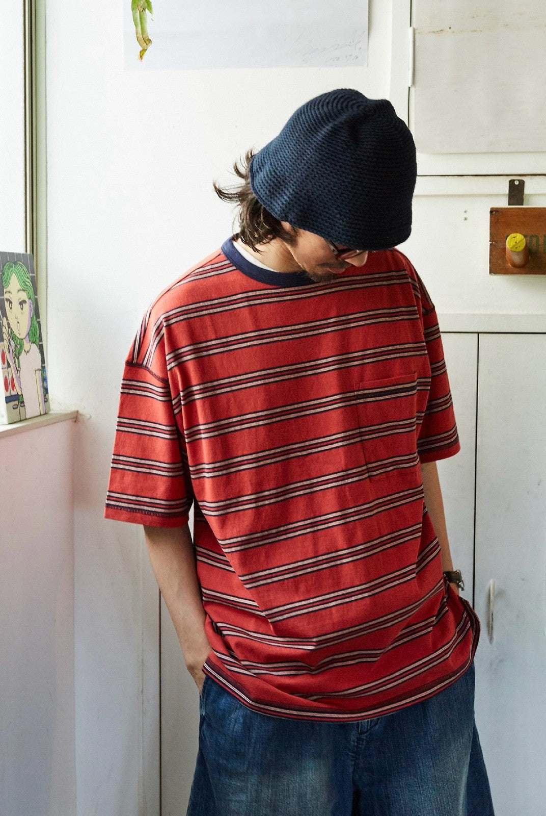 USAGE Retro Striped Cotton T Shirt in Red - On Male Model