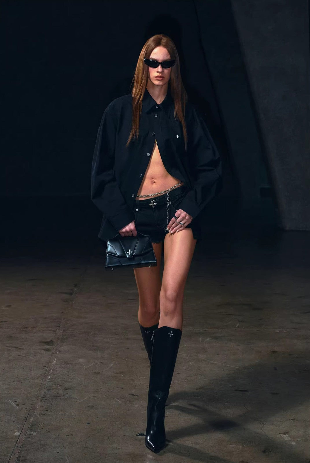 SMFK Cross Badge Cotton Cargo Shirt in Black - On Female Model