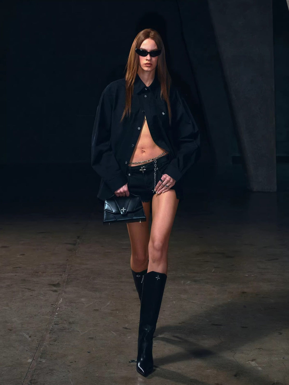 SMFK Cross Badge Cotton Cargo Shirt in Black - On Female Model