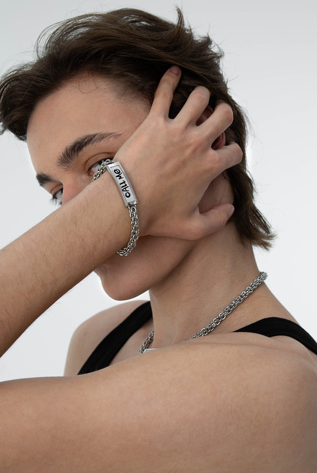 BLACKHEAD Call Me Steel Cuban Chain Bracelet in Silver - On Male Model