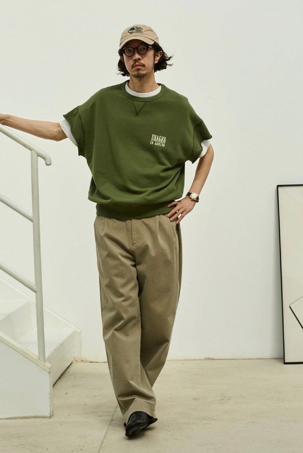 USAGE Raw Edge Cotton Short Sleeve Sweatshirt in Olive - On Male Model