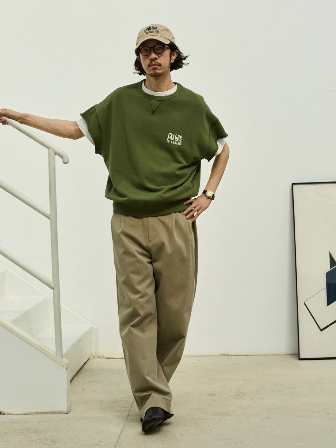 USAGE Raw Edge Cotton Short Sleeve Sweatshirt in Olive - On Male Model