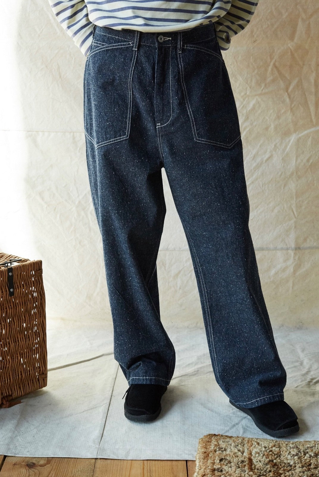 USAGE Vintage Neppy Cotton Straight Leg Jeans in Navy Blue - On Model