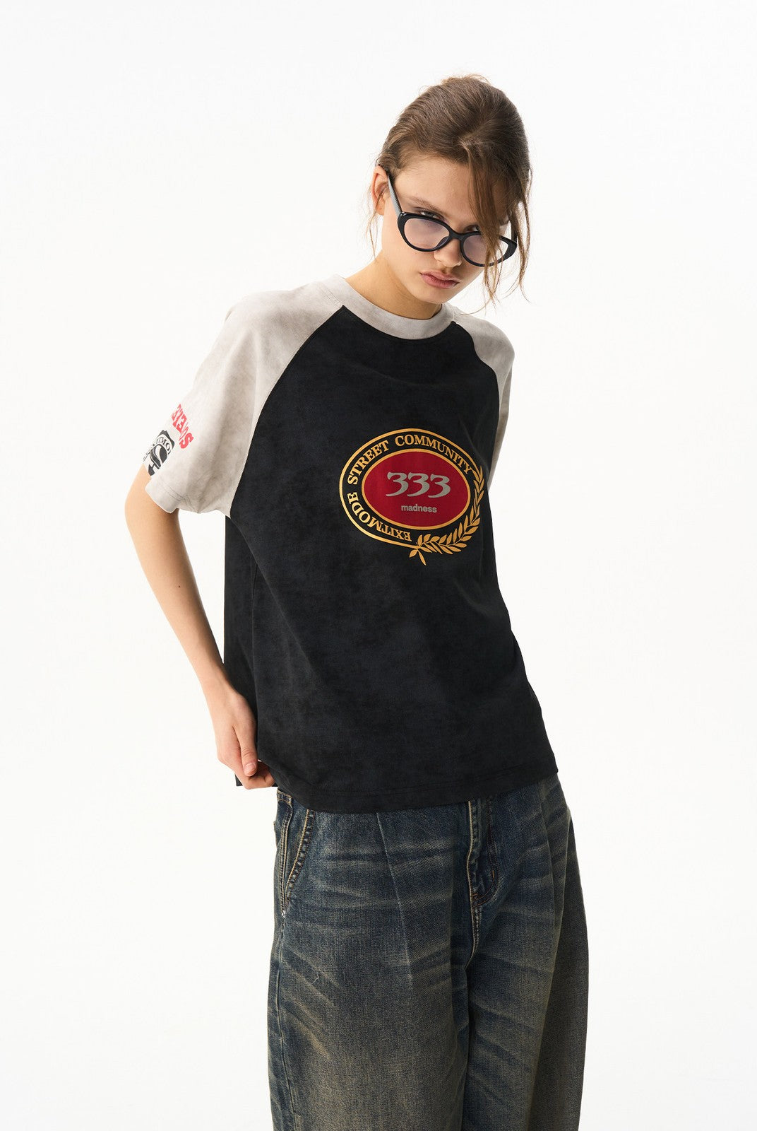 BLINDNOPLAN Color Block Raglan Graphic T Shirt in Black - On Female Model