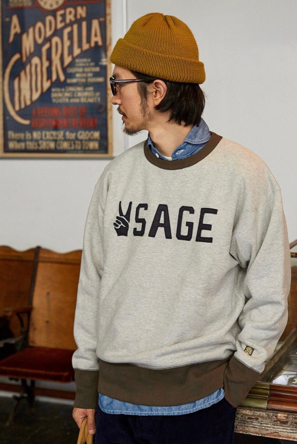 USAGE Graphic Two Tone Cotton Sweatshirt in Gray - On Male Model