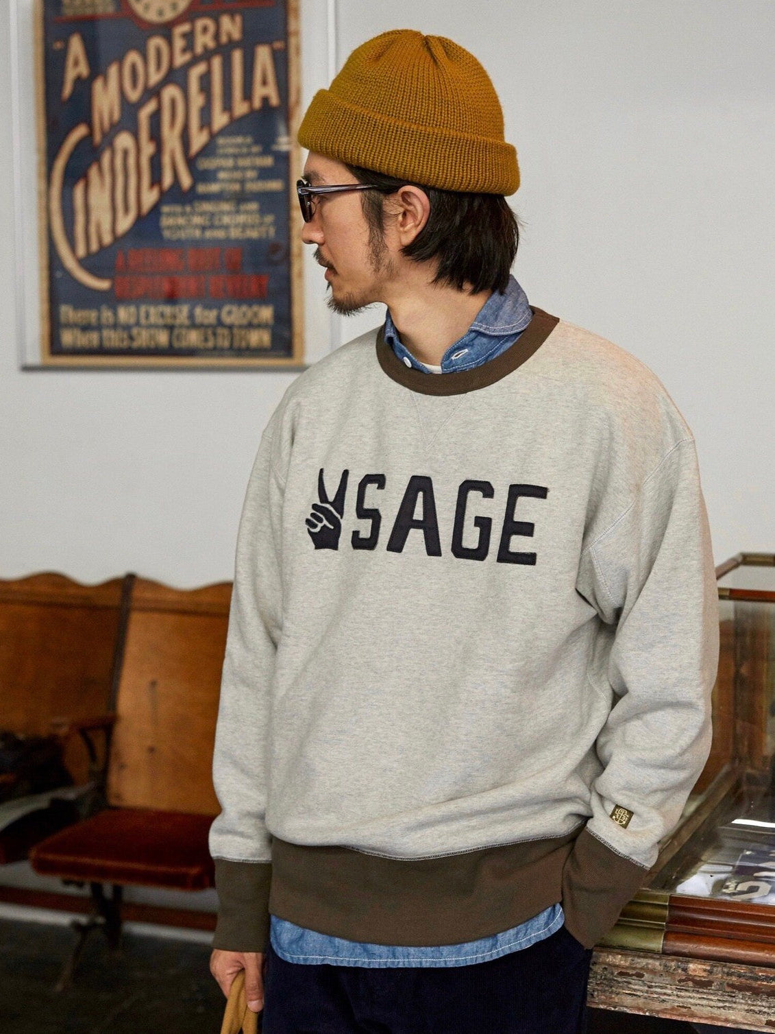 USAGE Graphic Two Tone Cotton Sweatshirt in Gray - On Male Model