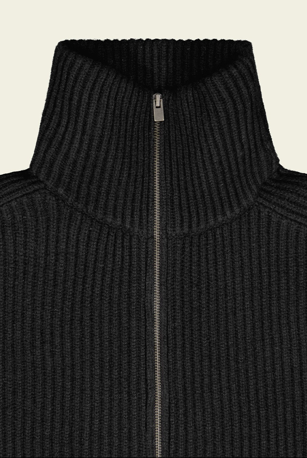 FaxCopyExpress Ribbed Wool Yak Zip Cardigan in Black - Detail
