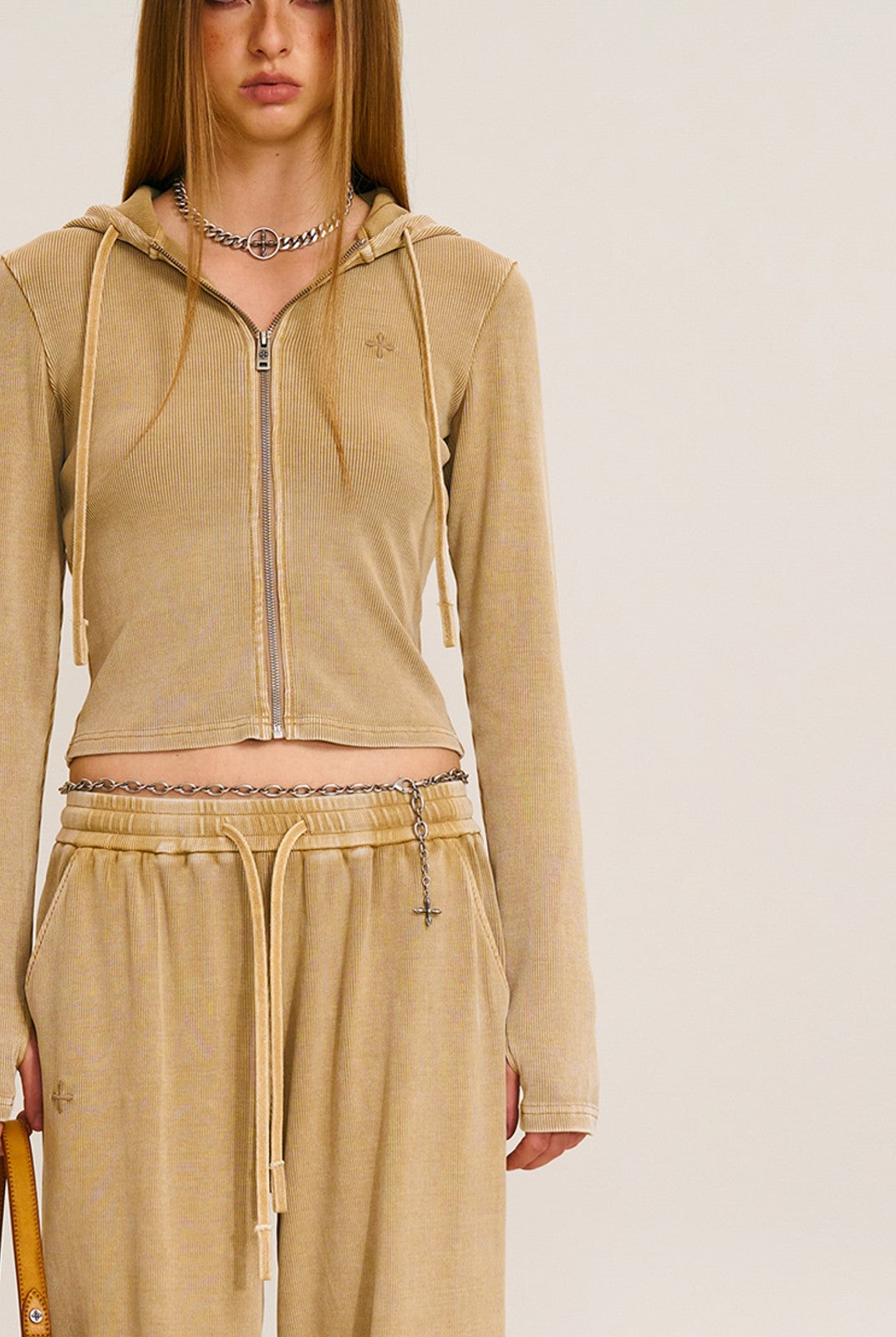 SMFK Washed Ribbed Zip Up Hoodie in Beige - On Female Model