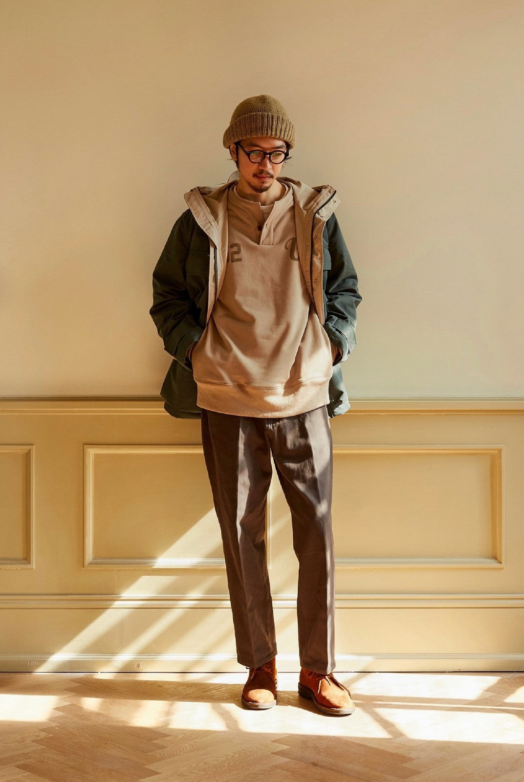 USAGE Terry Cotton Henley Sweatshirt in Beige - On Male Model