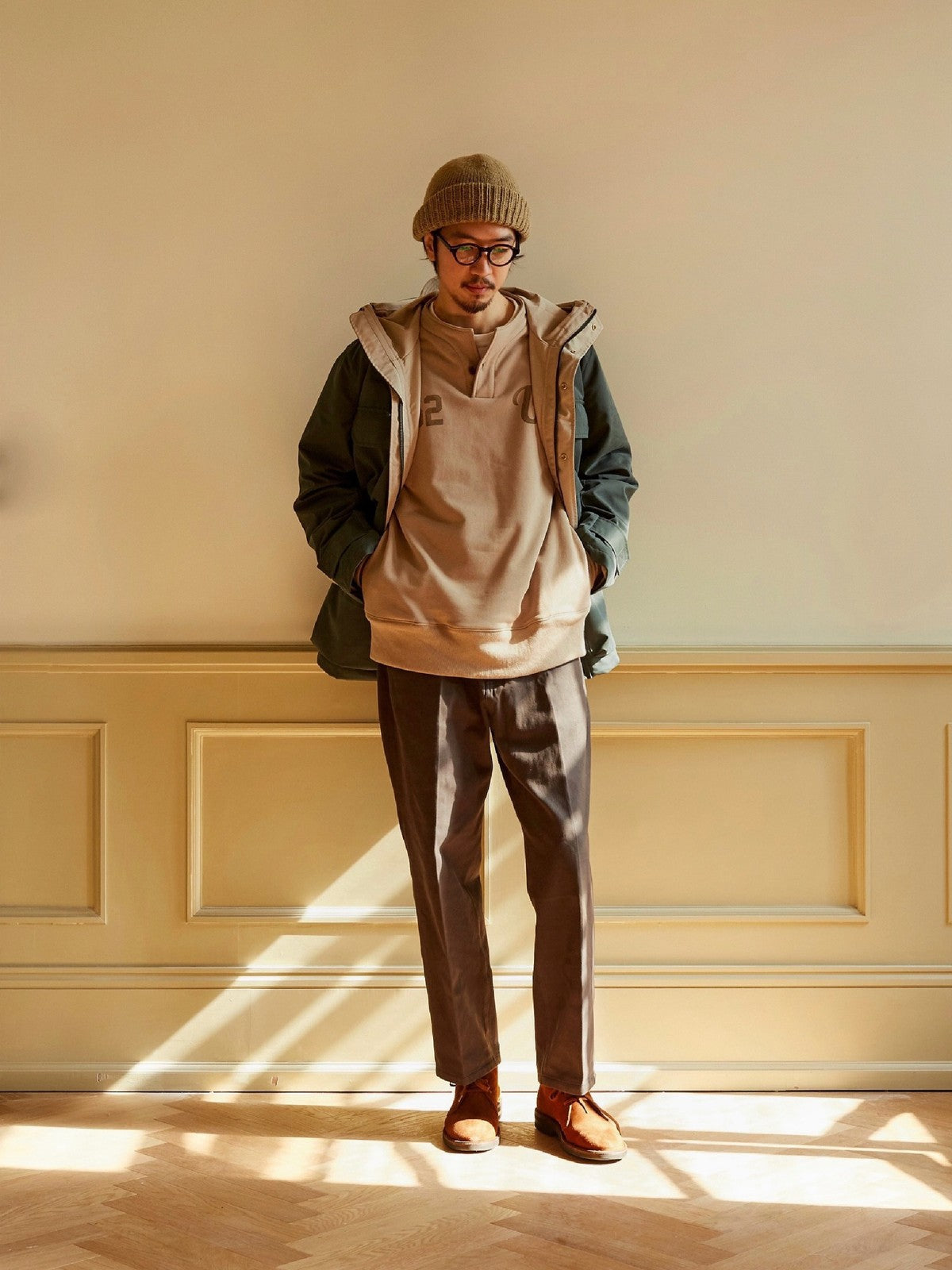 USAGE Terry Cotton Henley Sweatshirt in Beige - On Male Model