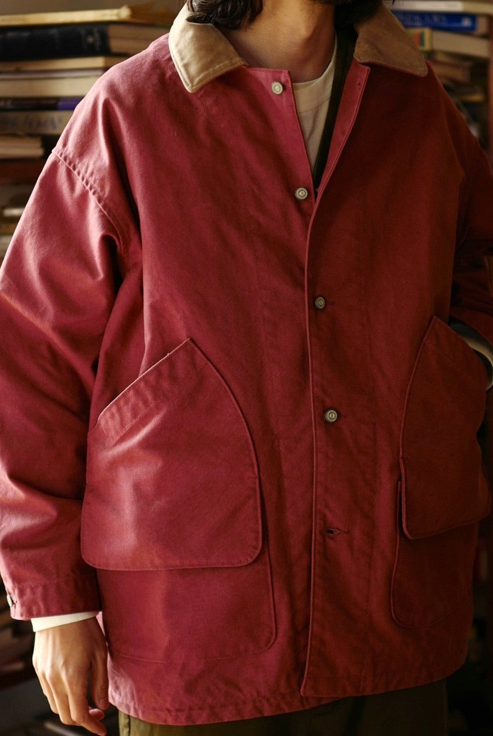 USAGE Heavyweight Canvas Hunting Jacket in Burgundy - On Male Model