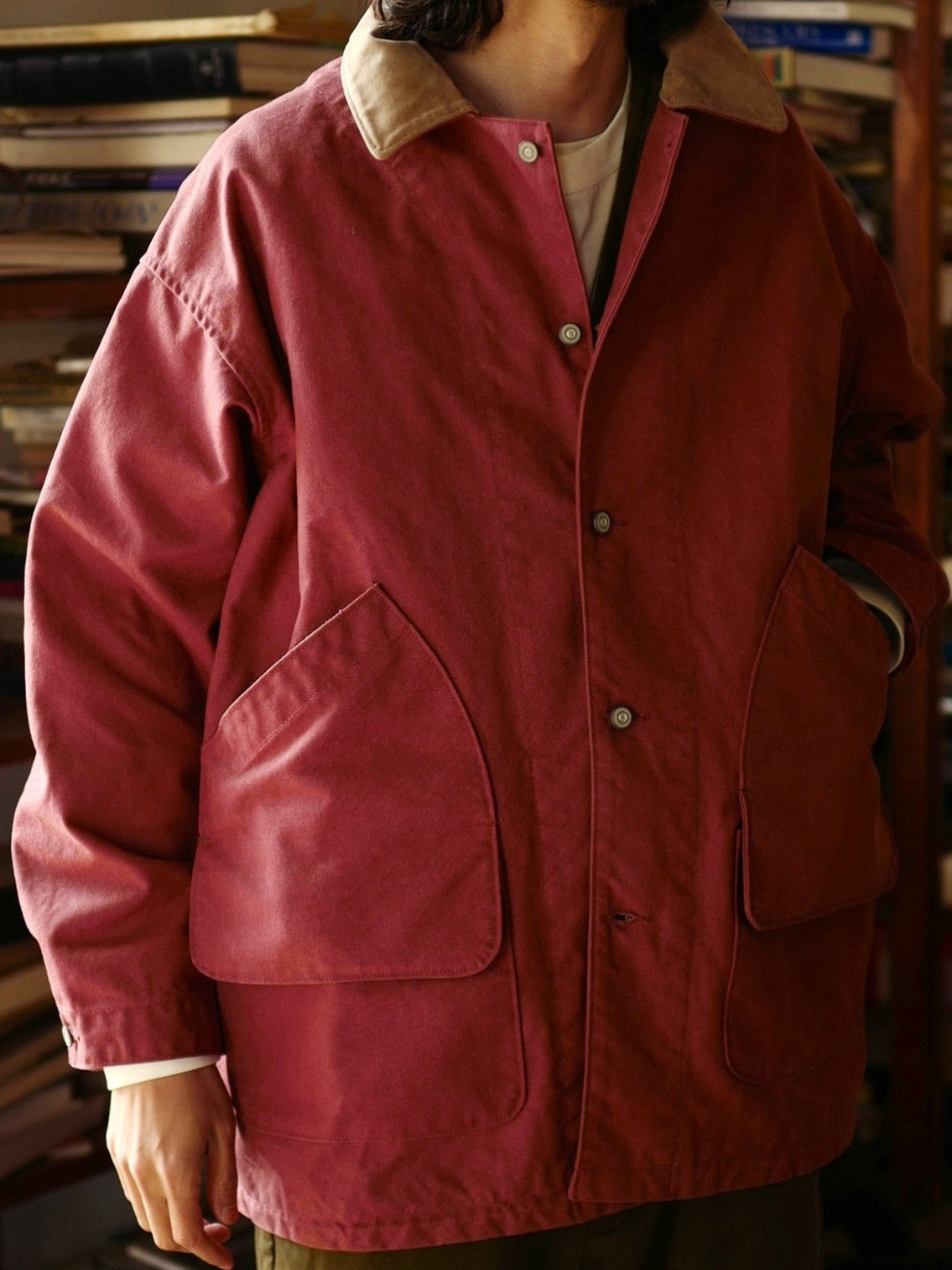 USAGE Heavyweight Canvas Hunting Jacket in Burgundy - On Male Model