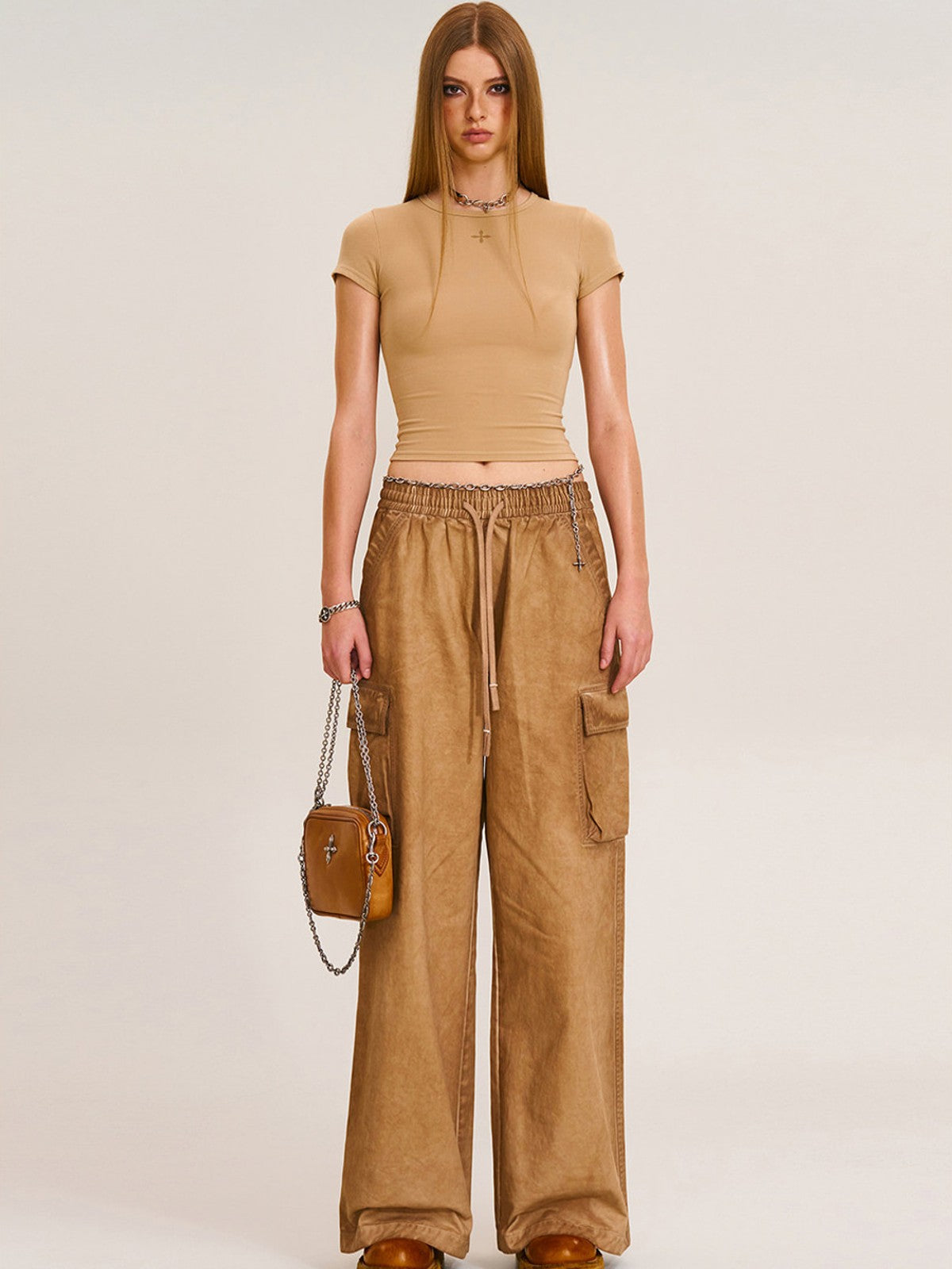 SMFK Short Sleeve Cropped T Shirt in Beige - On Female Model