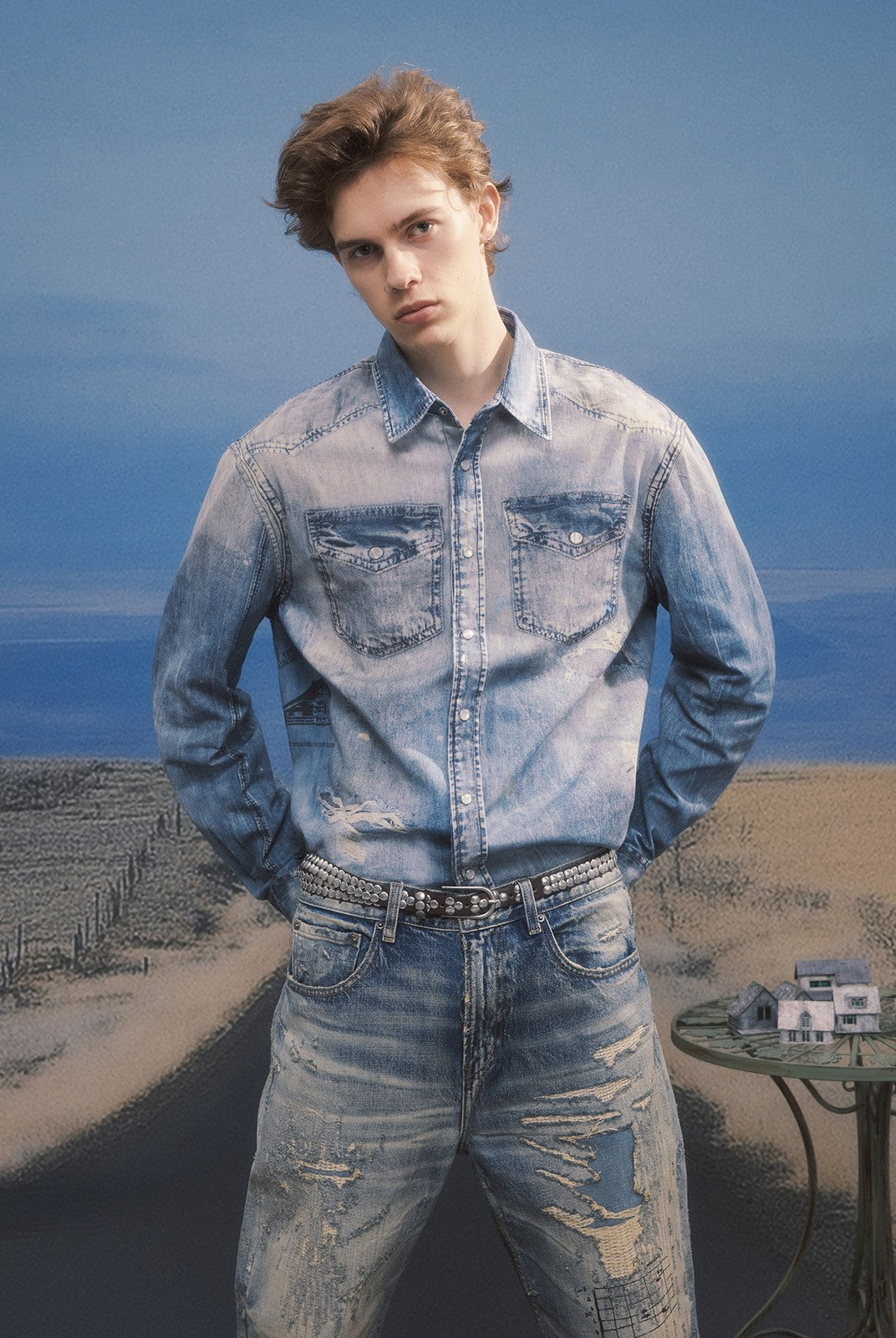 SOD Distressed Ink Splatter Denim Shirt in Blue - On Male Model