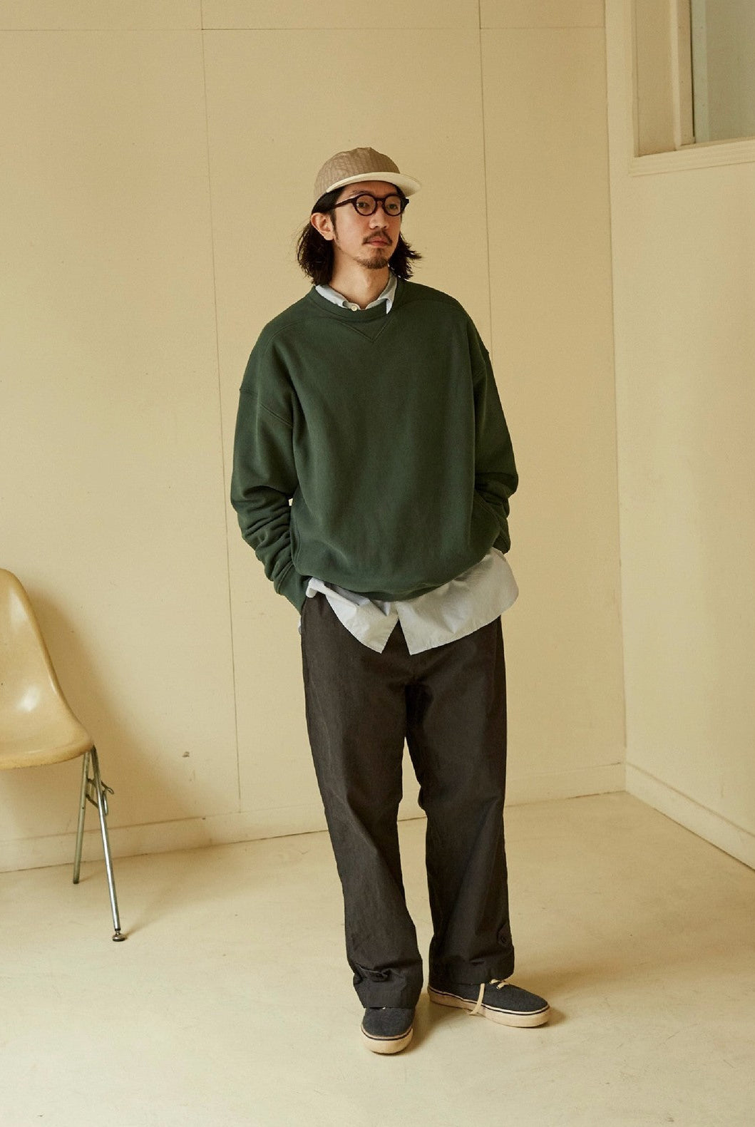 USAGE Reversible Cotton Crewneck Sweatshirt in Green - On Male Model