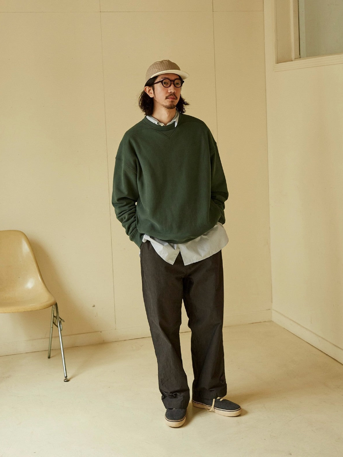 USAGE Reversible Cotton Crewneck Sweatshirt in Green - On Male Model