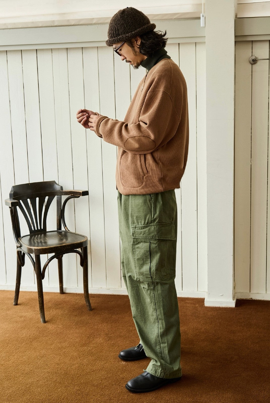 USAGE Heavyweight Waffle Knit Zip Cardigan in Beige - On Male Model
