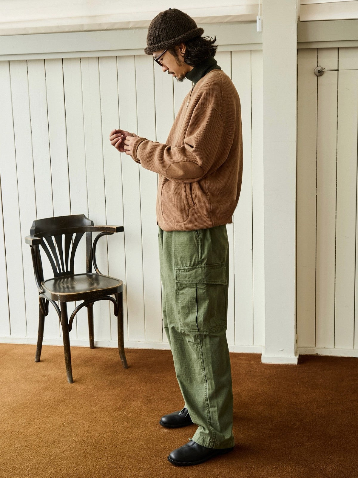 USAGE Heavyweight Waffle Knit Zip Cardigan in Beige - On Male Model