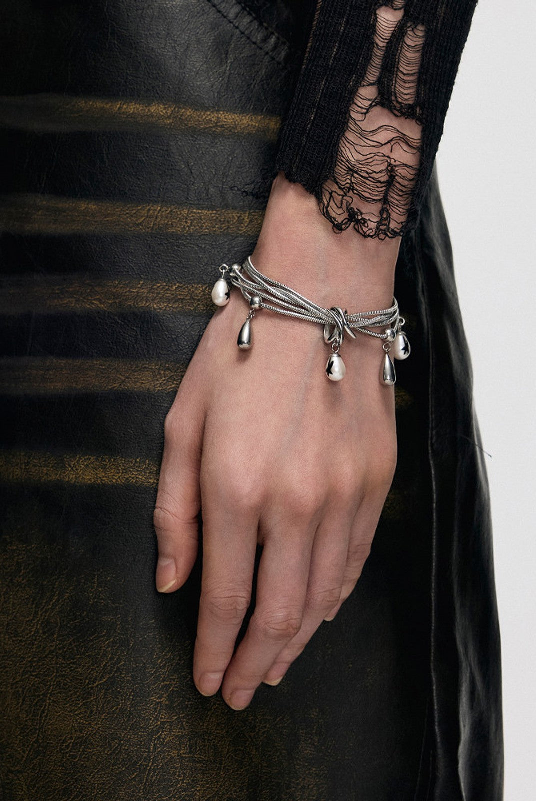 BLACKHEAD Multi Chain Teardrop Pearl Bracelet in Silver - On Female Model
