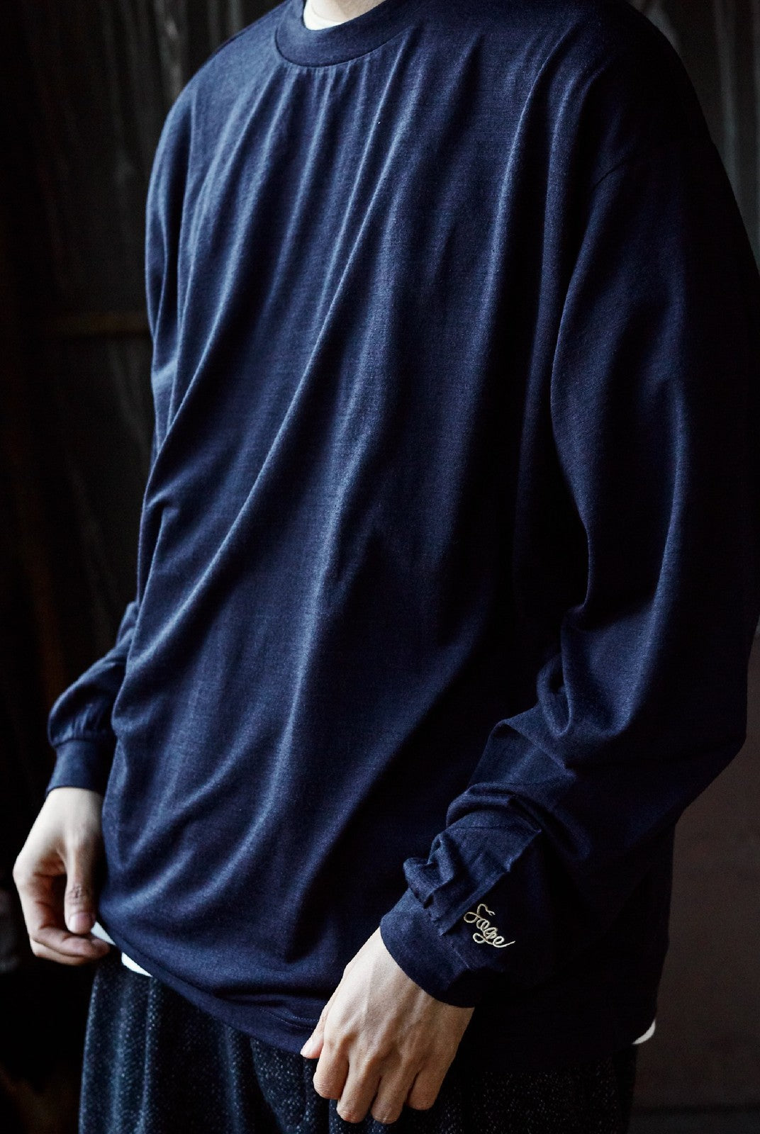 USAGE Merino Wool Blend T Shirt Set in Navy Blue - On Model