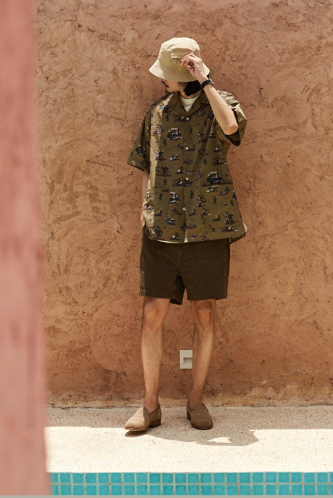 USAGE Cowboy Print Cotton Hawaiian Shirt in Beige - On Male Model