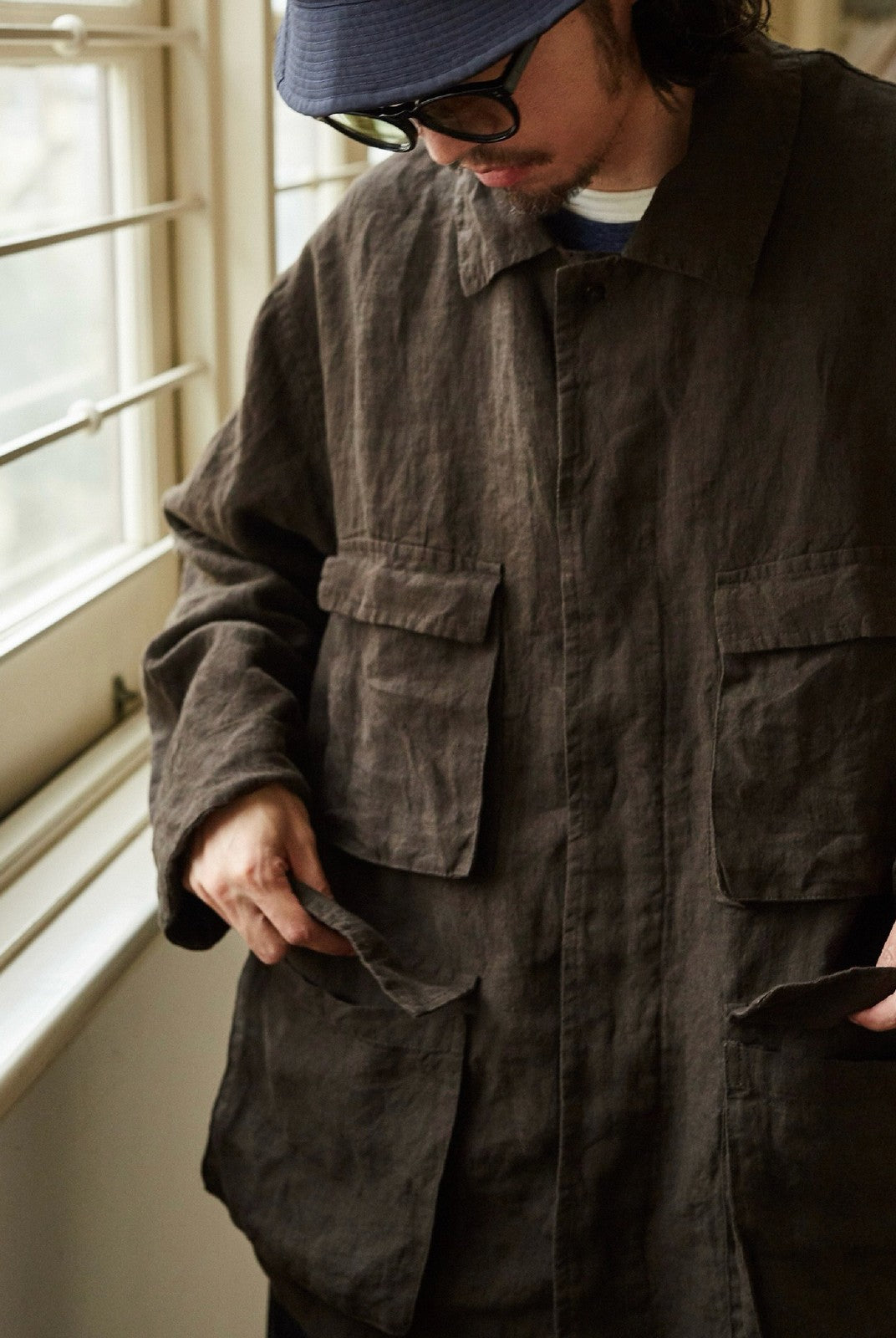 USAGE Linen Four Pocket BDU Jacket in Brown - On Male Model