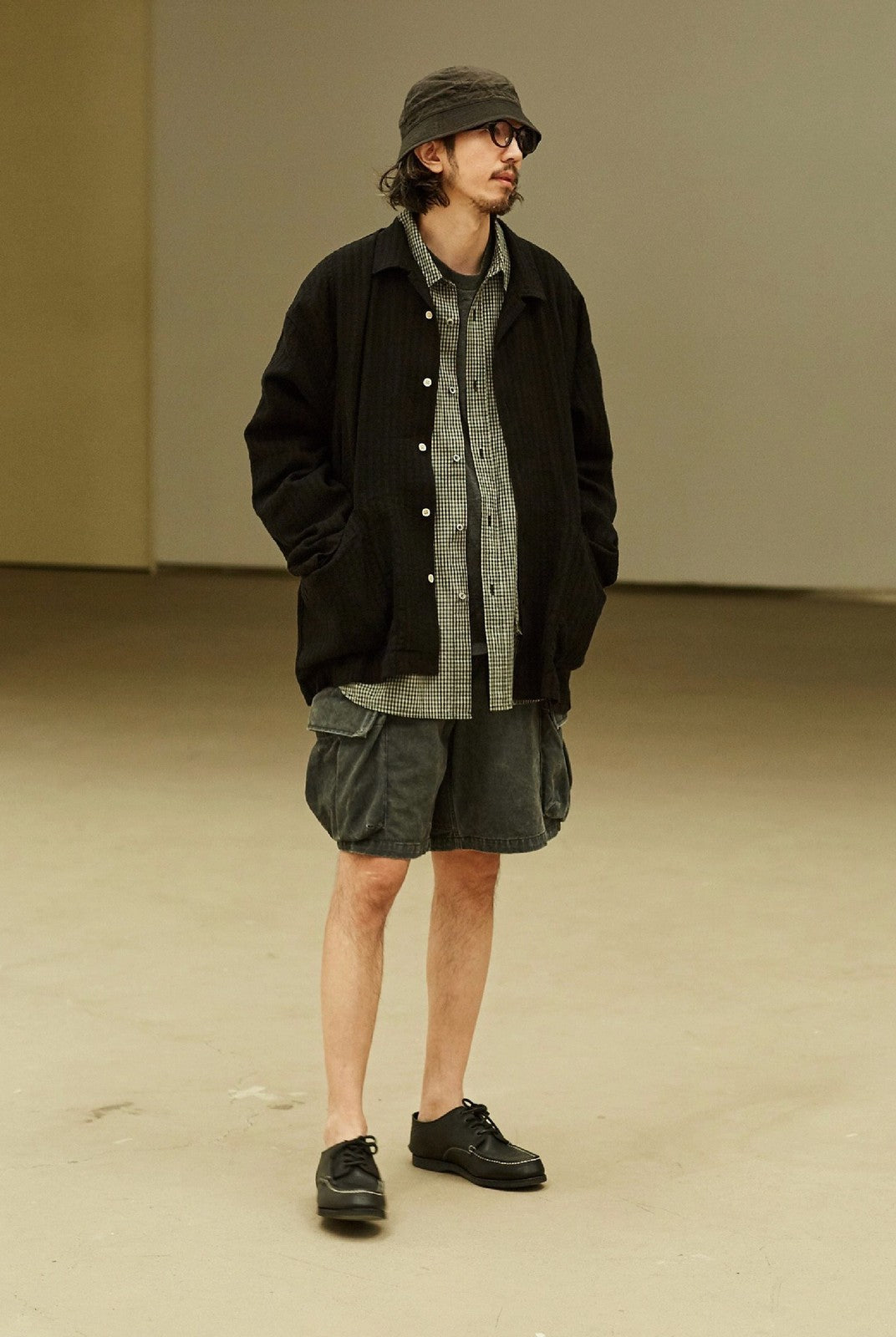USAGE Textured Cotton Ramie Work Shirt in Black - On Male Model