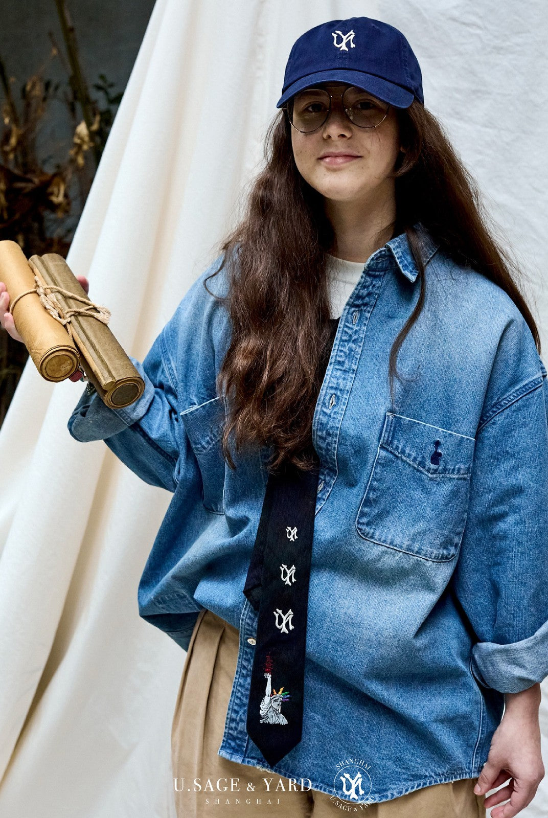USAGE Washed Distressed Denim Shirt in Denim - On Female Model