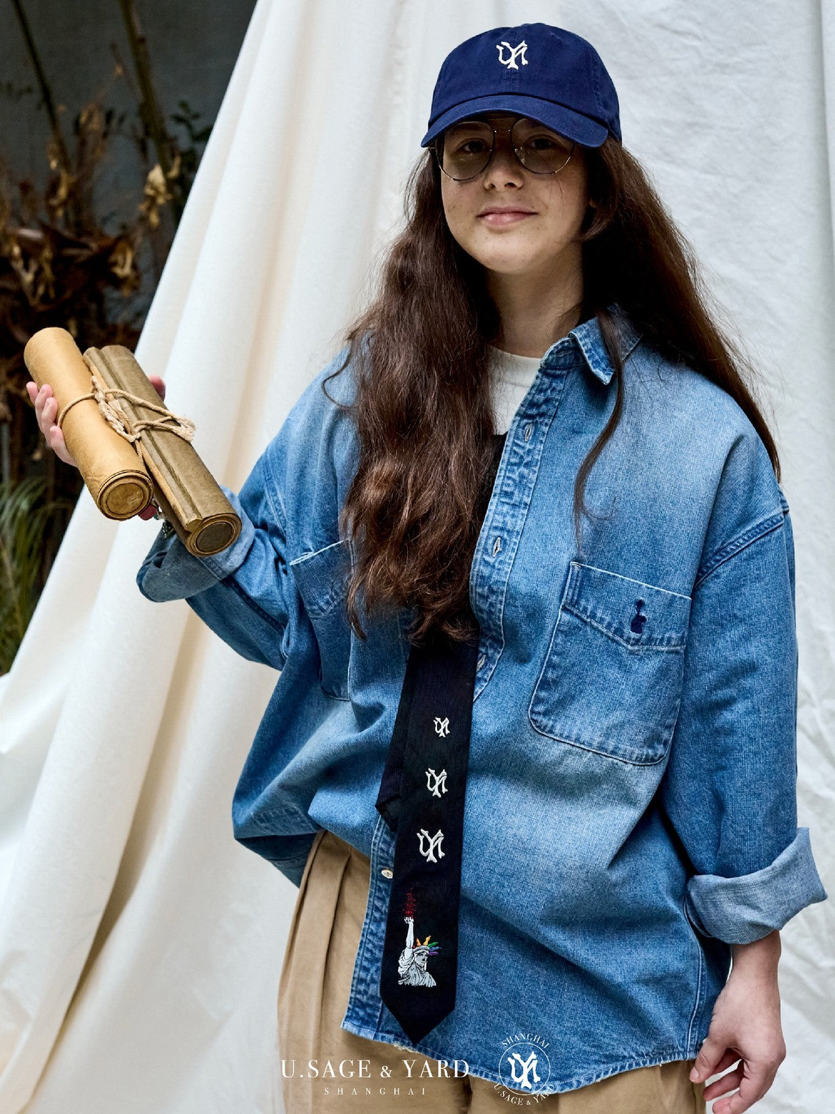 USAGE Washed Distressed Denim Shirt in Denim - On Female Model